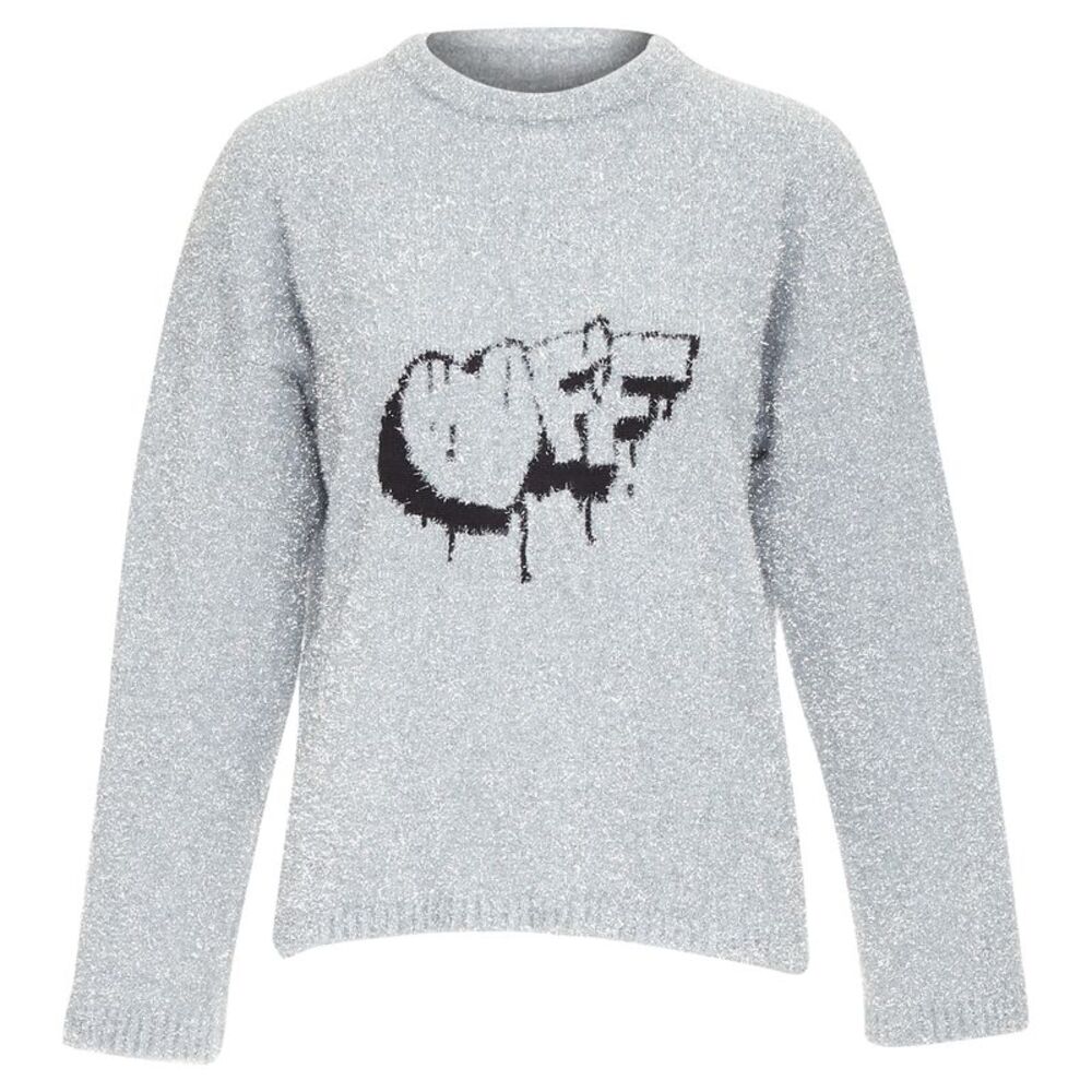 Off White Virgil Abloh silver lurex graffiti wide sweater